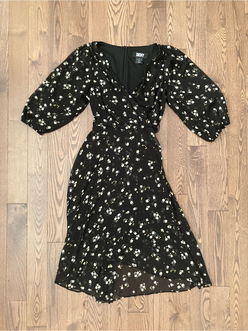 DKNY Black Floral Midi Wrap Dress